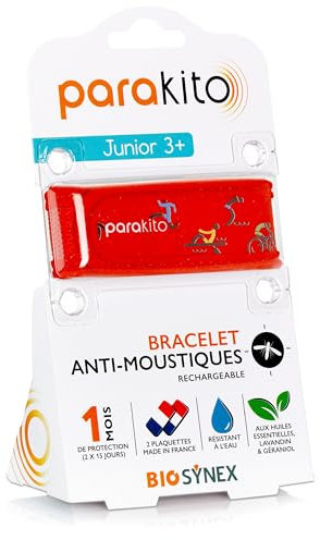 BIOSYNEX - PARAKITO - Bracelet Anti-Moustiques Rechargeable - 2 Recharges Incluses - 1 Mois d'Utilisation - Sans DEET - Motif Sport - Taille Junior 3+
