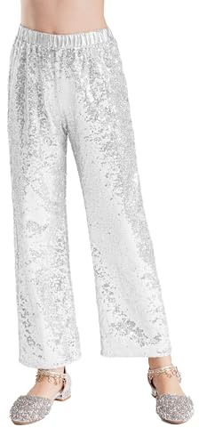 TiaoBug Pantaloni da Danza Moderna Jazz Ballo Latino Bambina Pantaloni di Paillettes da Ballo di Strada Hip Hop Pantaloni a Gamba Larga da Danza Ginnastica Costumi Spettacoli Argento 7-8 Anni