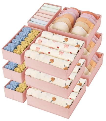 DIMJ Wardrobe Drawer Organiser - Pink Fabric Baby Storage Dividers - Set of 12 Clothes & Sock Organiser for Bedroom, Wardrobe & Desk