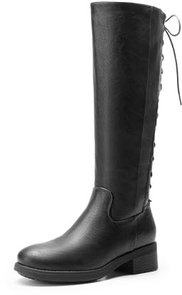 DREAM PAIRS Kniehohe Damenstiefel mit seitlichem Reißverschluss und Schnürung hinten,Size 40.5,Schwarz-Pu,SDKB2423W