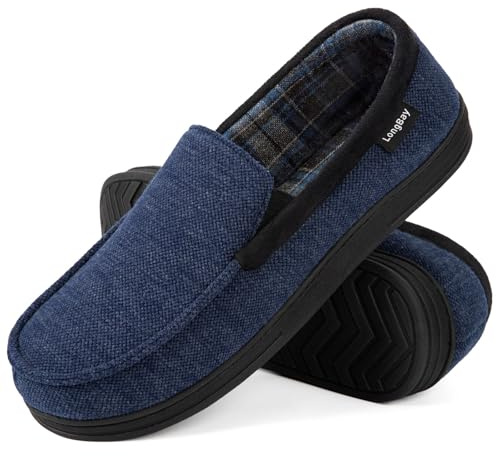 LongBay Men's Moccasin Slippers Memory Foam Plush Fleece House Shoes in Indoor Outdoor Fashion Navy, 9