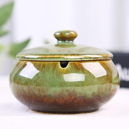 Handmade Ceramic Ashtray with Lids, Windproof Cigarette Ashtray Smokeless for Indoor or Outdoor, Ash Holder for Patio Desktop Office Smokers, Ash Tray for Tabletop Home Office Decor (Green)