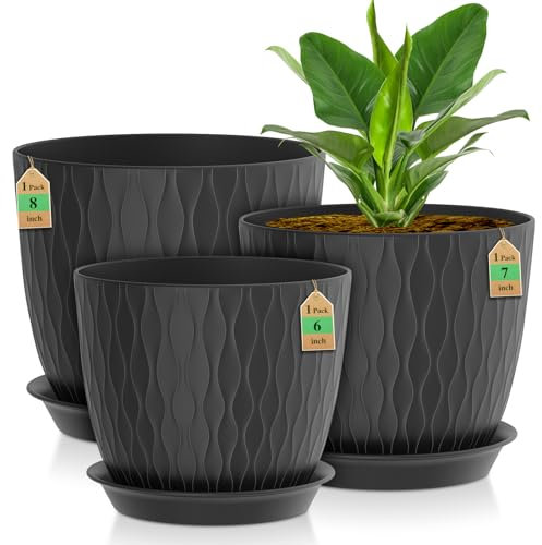 3 Pack Plastic Plant Pots,20/18/15CM,Flower Pot Large Plant Pots Indoor Outdoor Plastic Plant Pot with Drainage Holes and Tray for House Plant Flower(Black)