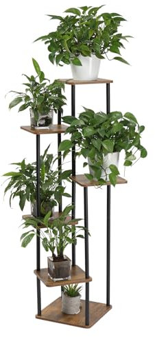 LEADZM 6 Etagen Pflanzenständer Blumenständer, Metall Holz Blumenhocker Blumentreppe Blumenregal, Blumentopf Ständer Pflanzentreppe für Balkon Garten Wohnzimmer, Schwarz (Schwarz, 6 Etagen)