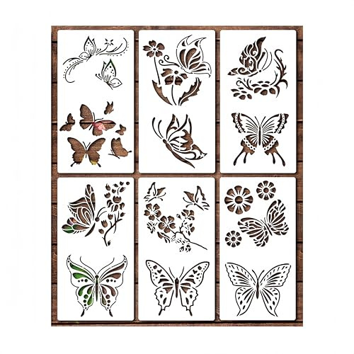 CZAKOMIX Juego de 6 Plantillas para Pintar, Diseño Calado, Mariposa, Elementos Florales, Stencil, Blanco, 29,8 * 15,9cm, Stencil Plantillas para Pintar, Scrapbooking, Diario DIY, Decoración de Pared
