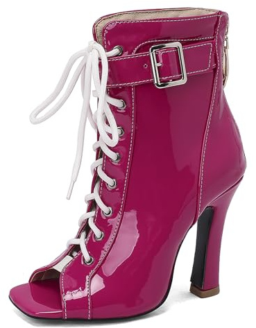 Lizoleor Sandales Femme Talon Carré Haut Peep Toe Bout Carré Boucle Été Mode Mesh Vernis Rose Taille 39 EU/40CN