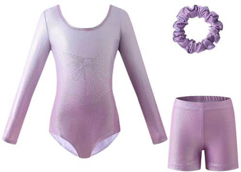 AXINYINGESS Gymnastics Leotards For Girls, Three-Piece Set Leotards For Girl Gymnastics Long Sleeve Gradient Color Sparkle Dancing Leotard Ballet Gymnastics Athletic For 5-12 Y