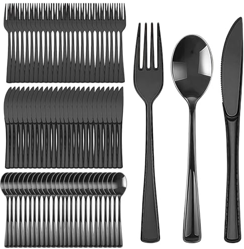 LEKEFETO 150 stycken svarta återanvändbara bestick-set – återanvändbara plastfestbestick – robust campingbestick svart för 50 personer