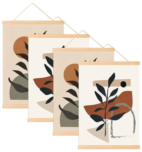 Pilikoll 4 Pcs 31cm Magnetic Poster Hanger Frame Magnetic Wooden Poster Hanger Rails Natural Wooden Poster Frame Hanging Kit Art Hanging Wall Magnets for Posters, Pictures, Prints, Photos, Maps