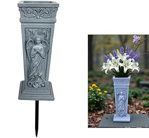 Cemetery Vases for Grave,Memorial Grave Vase Resin Flower Holder,Angel Prayer Vase with Garden Statue, Cemetery Decorations, Lawn & Yard Decoration (Gray)