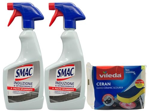 SET PULIZIA PIANI INDUZIONE & VETROCERAMICA: Detergente Spray, Per Un Pulito Splendente, Sgrassa a Fondo 500ml + Confezione Da 2 Spugne CERAN (2 Spray + 1 Confezione Spugne)