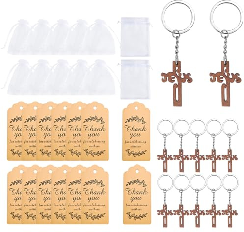 YUZNA Sacchetti Prima Comunione, 12 Carte + 12 Portachiavi a Forma di Croce, Design Religioso con Versetti Biblici