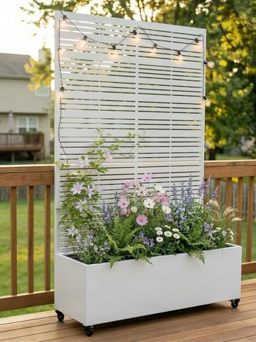 Huerto Urbano Elevado con Celosía, Jardineras Grandes para Exterior con Ruedas y Enrejado, Macetero de Metal para Privacidad, Ideal para Flores, Verduras y Plantas Trepadoras en Balcón (Blanco)