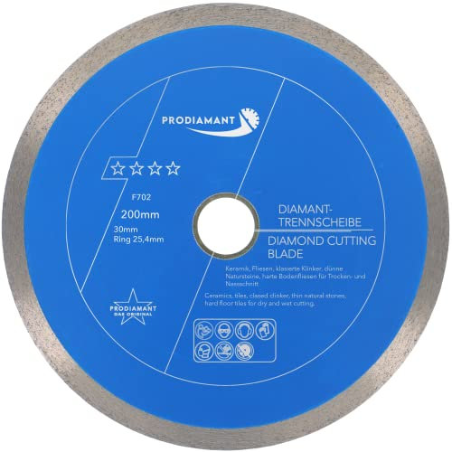 PRODIAMANT Disco da taglio diamantato Tile Professional 200 mm x 30/25,4 mm F702 ProRim no break out su piastrelle smaltate gres porcellanato ceramica e pietra naturale