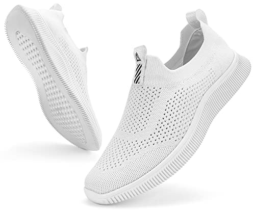 MrToNo Slip On-sneakers för män och kvinnor, sportskor, fitness, gympahall, fritidsskor, ventilerande, lätta joggingskor/löparskor för gator, bekväma, utomhus, promenadskor, Vit, 42 EU