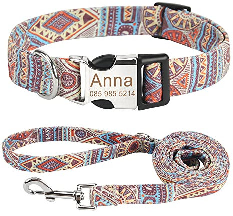 Piang Gouer Personalisierte Hundehalsband Vintage Böhmen Haustierhalsband Benutzerdefinierter Name und Telefonnummer Hundehalsband Tag Katzenhalsbänder für kleine mittelgroße Hunde(Orange-Set-S)