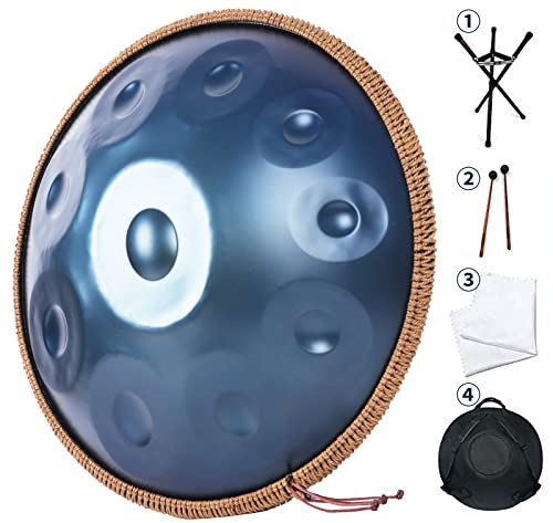 Handpan Drums Sets AETOO D-Moll 55,9 cm 10 Töne Stahl Handtrommel mit weicher Hand Pan Tasche, 2 Handpan-Schlägel, Handpan-Ständer (blau)