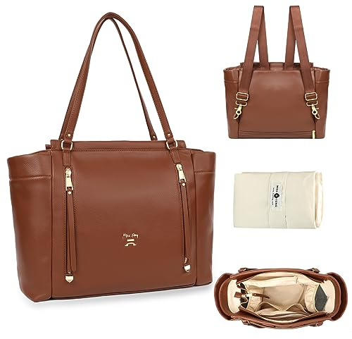 miss fong Diaper Bag Tote Leather Diaper Bag Backpack, Large Capacity Mommy Bag Hospital Bag, 12 Pockets Travel Diaper Tote with Changing Pad Pañaleras Para Bebe for Mom & Dad-Brown