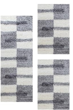 Carpetsale24, Set 3 Tappeti Shaggy Grigio chiaro per Camera da Letto – Pelo Lungo, Motivo a Quadri – 2x 60x110 cm + 1x 80x150 cm – Morbidi e Facili da Pulire