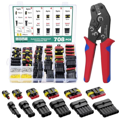 Faankiton 708 Piezas Conector Electrico Impermeable, Rápido Enchufe Terminal, Clavija Conector, Coche Conector Impermeable, Conectores de Cable Eléctrico Impermeable 1/2/3/4/5/6 Pin, con Crimpadora