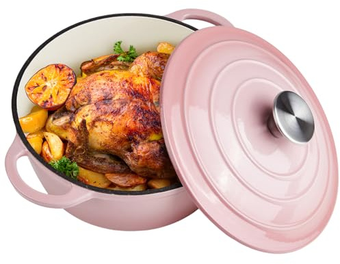 3 Quart Dutch Oven Enameled Cast Iron with Lid - Big Dual Handles - Oven Safe up to 500°F - Classic Round Pot for Versatile Cooking Pink