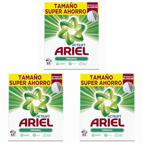 Ariel Detergente Lavadora en Polvo, 65 Lavados, Original, Jabon con Tecnologia Anti-Residuos que Deja la Ropa Limpia y Reluciente (Paquete de 3)