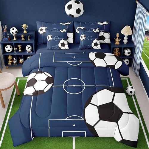 Feelyou Football Bedding Set Full Size 7 Pieces Kids Soccer Ball Pattern for Boys Girls Teens Sports Theme Football Court Bed in a Bag with Comforter, Sheets, Pillowcases & Cushion Cover