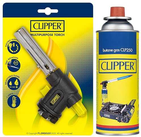 Clipper - Soplete Multiusos + Cartucho de 400ml de Gas Universal | Válvula GLP250 | Ideal para Flamear, Caramelizar y usar en Barbacoas | Cocina & Acampada