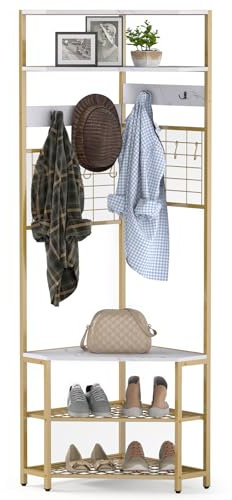 COSTWAY 180CM Garderobenständer Eck, 3 in 1 Kleiderständer & Sitzbank & Schuhregal, inkl. 12 Haken, Aufbewahrungsregal Garderobe für Flur Wohnzimmer, Schlafzimmer (Modernes Gold)