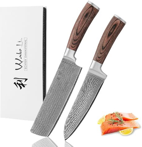 Wakoli EDIB 2er Damastmesser Set mit Santoku & Nakiri Messer – 67 Lagen Damaststahl mit schnitthaltigem Kern I Scharfes Küchenmesser Set mit Pakkaholzgriff I Für präzises Schneiden in Geschenkbox