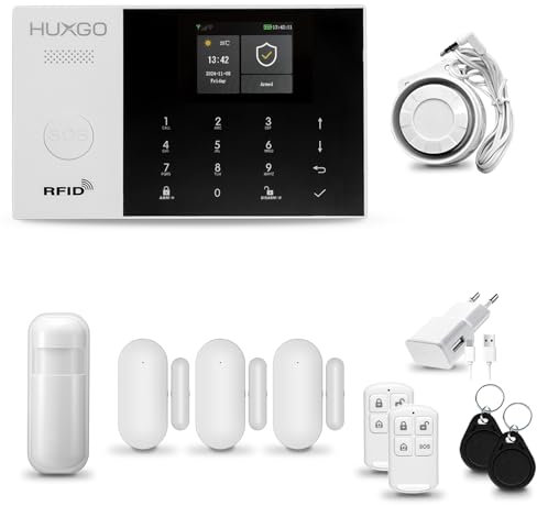 HUXGO® HXA005 Funk Alarmanlage Set WiFi + GSM 4G LTE mit Sirene | Alarm System mit Bewegungsmelder, 3X Tür- Fenstersensor, Fernbedienung | Wohnmobil Alarmanlage