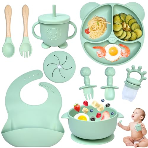 Dazhtu 12 Piezas Vajilla de Siliconea para Bebés con Ventosa, Platos Impermeables y Set de Aprendizaje para Comer Destete (Verde)