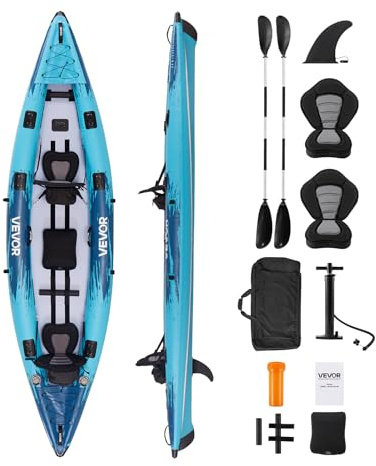 VEVOR Aufblasbares Kajak, 2-Personen-Freizeitkajak, 318 kg Tragkraft, auslauf- & pannensicher, mit gepolstertem Sitz, PVC-Drop-Stitch-Boden, 2 Paddeln, Handpumpe & Tragetasche zum Angeln & Camping