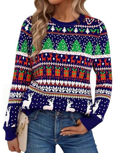 Jezonga Jersey Navideño Mujer de Punto Invierno Sueter Christmas Sweater Cuello Redondo con Árboles de Navidad y Patrones de Alces
