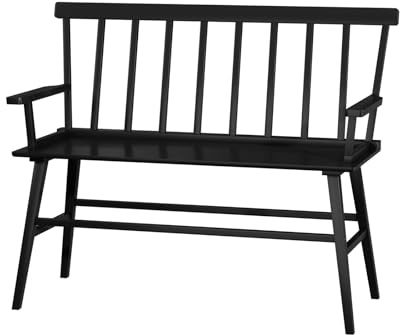 Dining Bench for Kitchen & Dining Room – Bamboo Wood Bench with Spindle Back & Armrests, Farmhouse Entryway Bench, Indoor Bedroom Bench, Versatile Entry Bench & Outdoor Bench Seating（Black with Arm）
