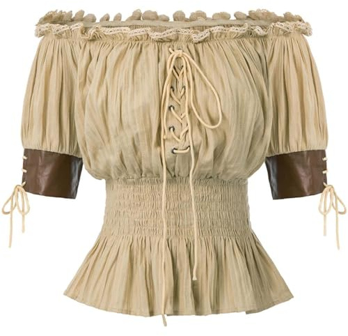 Générique Chemiser Femme Retro Vintage Renaissance Médiéval Gothique Manche Court Col Bateau Blouse Epaule Nue Bustier Sexy Steampunk à Volants, Haut Viking Costume de Pirate, Bohème