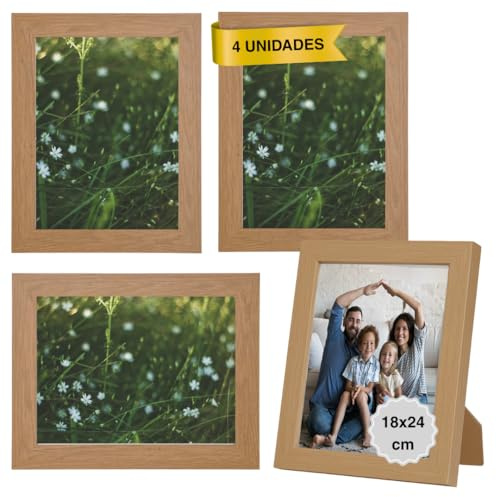 MARCOFOTO Marco de Fotos para Pared - Set de 4 Portafotos MDF con Cristal, uso vertical u horizontal - Decoración hogar u oficina, diplomas - Color Madera 18x24 cm