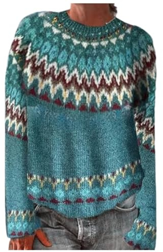 Generico Maglione Donna Maglione Norvegese Donna Invernale, Elegante Girocollo A Maniche Lunghe Casual Caldo Inverno Stampa A Maglia Grossa Pullover