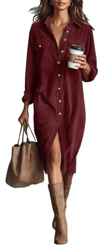 Robe chemise en velours pour femme - Manches longues - Col boutonné - Coupe ample - Couleur unie - Longueur sous le genou - Jupe en jean décontractée avec poches pour l'automne et l'hiver, bordeaux, M