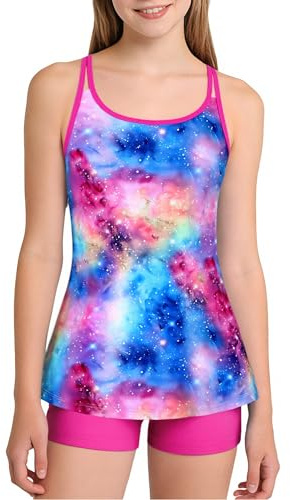 Amissz Swimsuit with Shorts 2 Piece Bathing Suit Adjustable Shoulder Straps Top with Chest Pad Girls Bikini Swimsuits Set Puberty Swimsuits for Girls 7-8 Years Colorful Tiedye
