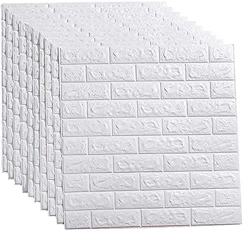 BonChoice 10Pcs 34.5×38cm 3D DIY Tile Brick Wall Stickers Self-Adhesive Wallpaper Decals PE Foam for Living Room Bedroom Children's Room Boy/Girl (White #1)