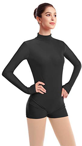 Women Mock Neck Gymnastics Dance Leotard Boyshorts Long Sleeve Bodysuit Ballet Dancewear Biketard Adult Plus Size Shorts Jumpsuit One Piece Spandex Turtleneck Bodycon Romper Overall Black Large
