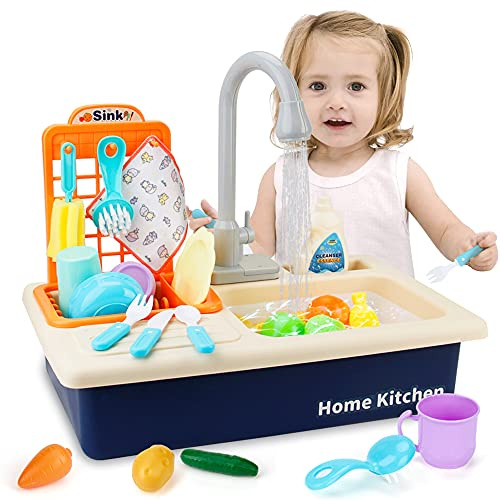 Mini Tudou Juego de Fregadero con Agua Fluida,Lavavajillas Eléctrico,Utensilios de Cocina,Juego de rol,Juego de Accesorios de Cocina para Niños Pequeños y Niñas