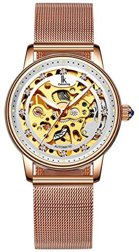 Alienwork Automatikuhr Armbanduhr Damen Roségold Metall Mesh Armband Edelstahl Weiss Skelett Glasboden