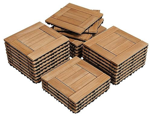 Yaheetech Lot de 27 Caillebotis Bois Exterieur Dalles de Terrasse en Bois Composite avec Système d’Emboîtement Revêtement de Sol Extérieur Intérieur 30 x 30 cm
