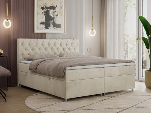 MKS MEBLE Boxspringbett 180x200 mit Bettkasten, Boxspringbett 180x200 mit Matratze, Doppelbett mit Matratze und Topper - Polsterbett mit Kopfteil - Stauraumbett - Roma 180x200 - H3 Creme