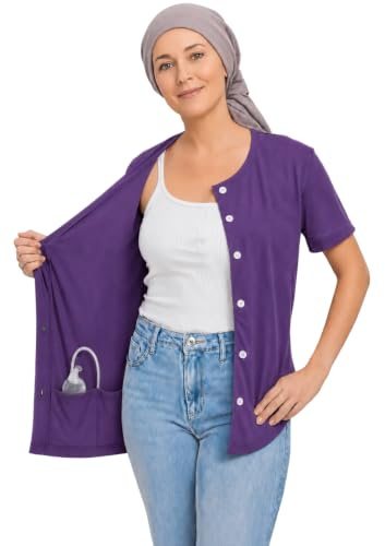 USBD Post Mastectomy Shirt with Drain Pockets, Crew Neck Button Front Recovery Top, Soft Cotton Blend