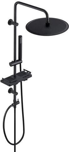 Görbach Regendusche Duschsystem mit Ablage, Edelstahl Duschstangeset Duschset ohne Armatur mit XXL Kopfbrause Rund Schwarz (D30cm)