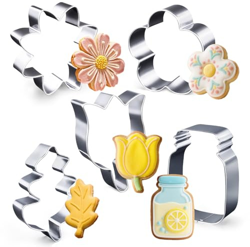 Kukifun 5Pack Flower Cookie Cutter Set, Stainless Steel Baking Tools Daisy Tulip Leaf and Mason Jar for DIY Biscuit Sandwiches Spring Party Fondant Mother's Day Cake Decorations