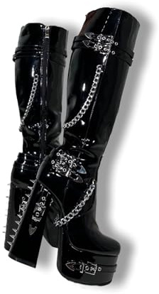 Frankie Hsu Stivali con tacco alto e plateau goth sexy, rivetti a catena argentati in vernice nera, gotico, punk Y2K Hot Girl, scarpe larghe per donne